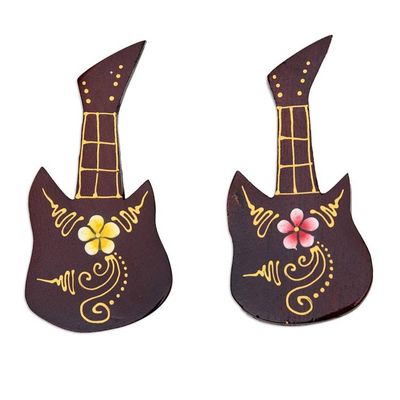 Alternate image for Set of 2 Hand-Painted Floral Guitar-Shaped Wood Magnets Paradisial Melodies