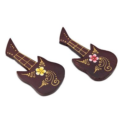 Alternate image for Set of 2 Hand-Painted Floral Guitar-Shaped Wood Magnets Paradisial Melodies