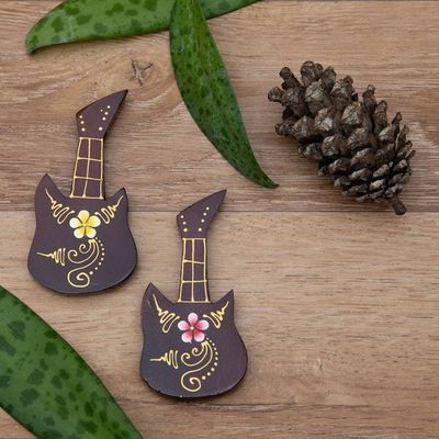 Alternate image for Set of 2 Hand-Painted Floral Guitar-Shaped Wood Magnets Paradisial Melodies