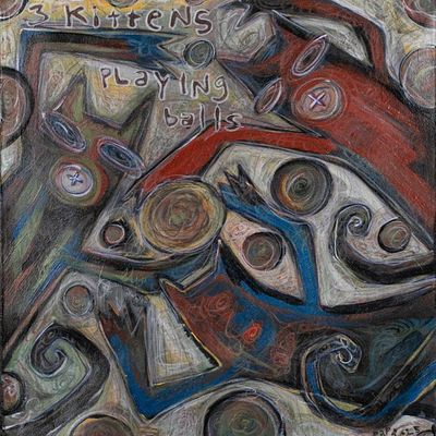 Primary image for Abstract Modern Acrylic Ink Pencil Painting with Cat Motif 3 Kittens Playing Ball