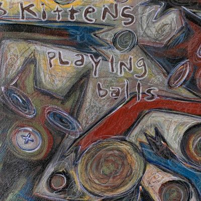 Alternate image for Abstract Modern Acrylic Ink Pencil Painting with Cat Motif 3 Kittens Playing Ball