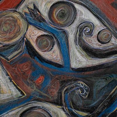 Alternate image for Abstract Modern Acrylic Ink Pencil Painting with Cat Motif 3 Kittens Playing Ball