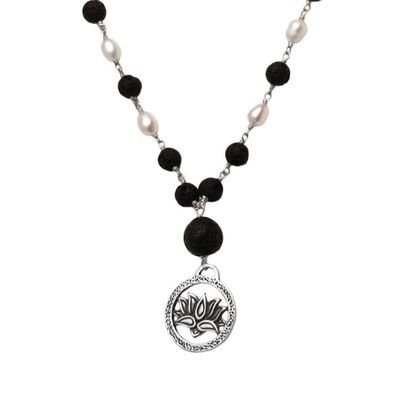 Alternate image for Cultured Pearl and Lava Stone Pendant Necklace from Bali Lotus Power