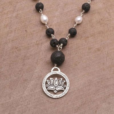 Alternate image for Cultured Pearl and Lava Stone Pendant Necklace from Bali Lotus Power