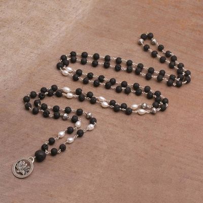 Alternate image for Cultured Pearl and Lava Stone Pendant Necklace from Bali Lotus Power
