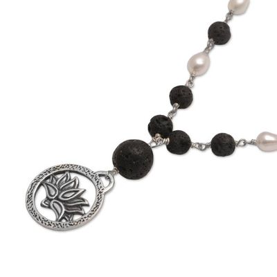 Alternate image for Cultured Pearl and Lava Stone Pendant Necklace from Bali Lotus Power