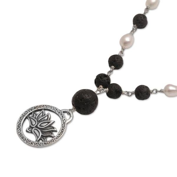 Alternate image for Cultured Pearl and Lava Stone Pendant Necklace from Bali Lotus Power