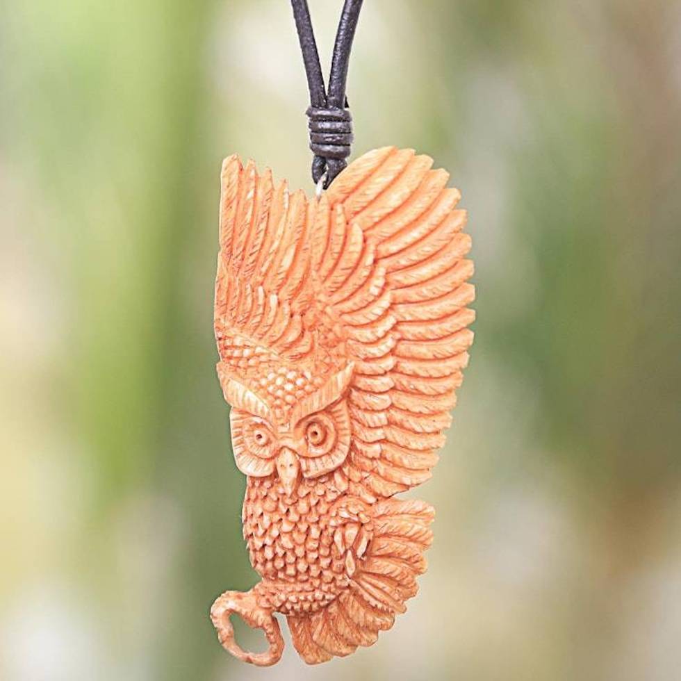Owl Bone Pendant Necklace with Leather Cord from Bali 'Guardian Owl'