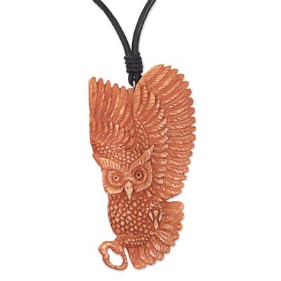Alternate image for Owl Bone Pendant Necklace with Leather Cord from Bali Guardian Owl