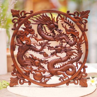 Alternate image for Handmade Suar Wood Panel of Fighting Dragons from Bali Raging Dragon Trio