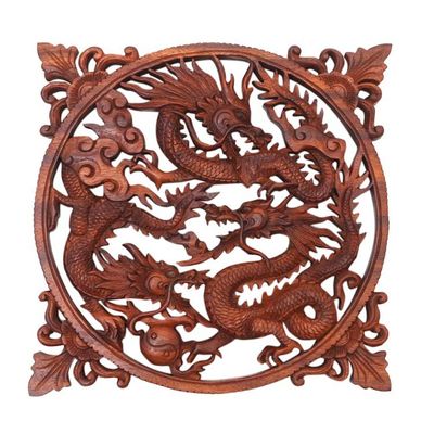 Alternate image for Handmade Suar Wood Panel of Fighting Dragons from Bali Raging Dragon Trio