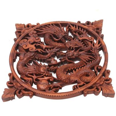 Alternate image for Handmade Suar Wood Panel of Fighting Dragons from Bali Raging Dragon Trio