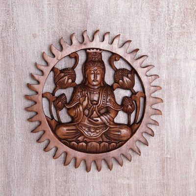 Alternate image for Hand Carved Suar Wood Kwan Im Wall Panel Meditating Kwan Im