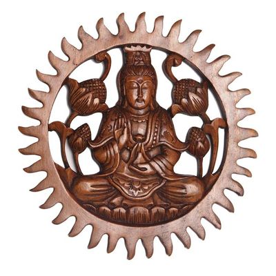 Alternate image for Hand Carved Suar Wood Kwan Im Wall Panel Meditating Kwan Im