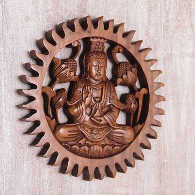 Alternate image for Hand Carved Suar Wood Kwan Im Wall Panel Meditating Kwan Im