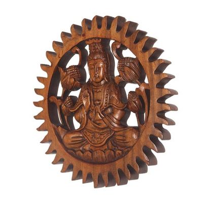 Alternate image for Hand Carved Suar Wood Kwan Im Wall Panel Meditating Kwan Im
