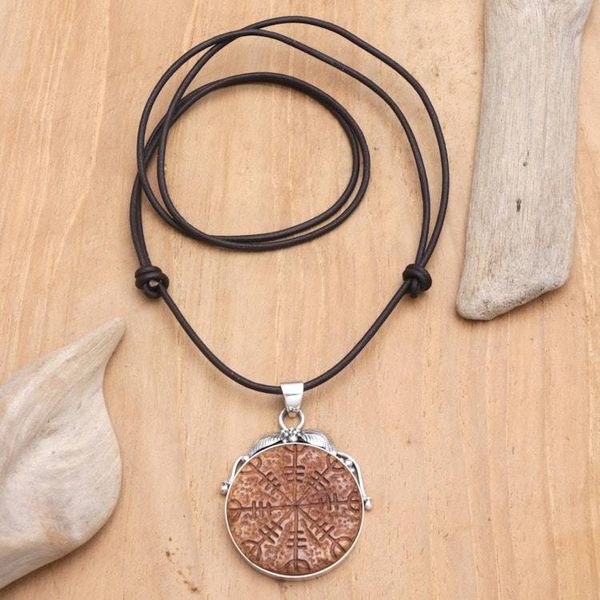 Alternate image for Leather and Sterling Silver Pendant Necklace with Norse Sign Helm of Awe