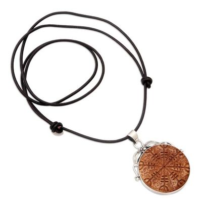 Alternate image for Leather and Sterling Silver Pendant Necklace with Norse Sign Helm of Awe
