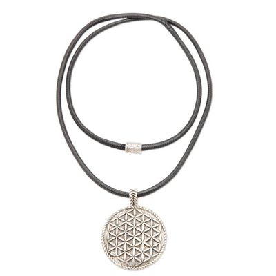 Alternate image for Geometric Floral Round Sterling Silver Pendant Necklace Bloom of Life