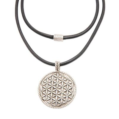 Alternate image for Geometric Floral Round Sterling Silver Pendant Necklace Bloom of Life