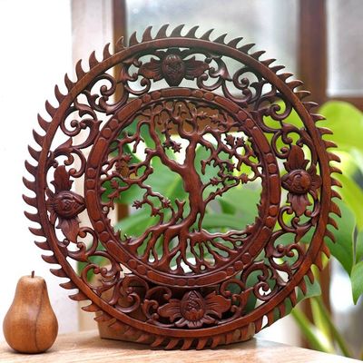 Alternate image for Hand Carved Tree Motif Wall Relief Panel from Bali Tree of Serenity