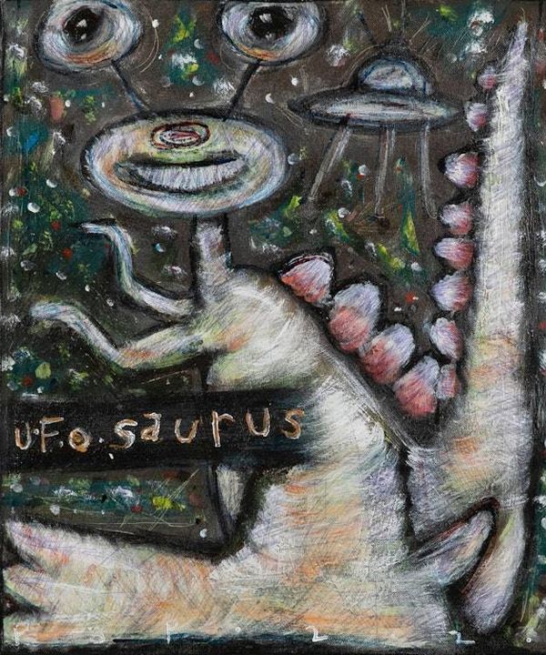 Alternate image for Alien and Dinosaur-Inspired Acrylic Ink Pencil Naif Painting Ufosaurus
