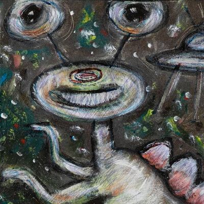 Alternate image for Alien and Dinosaur-Inspired Acrylic Ink Pencil Naif Painting Ufosaurus