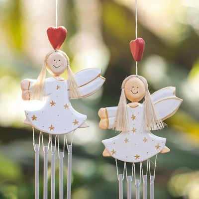 Alternate image for 2 Hand-Painted White and Gold Fairy-Themed Wood Wind Chimes Tiny Stars