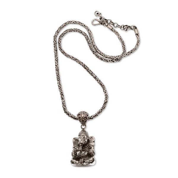 Alternate image for Hindu God Ganesha-Themed Mens Silver Pendant Necklace Meditation Ganesha