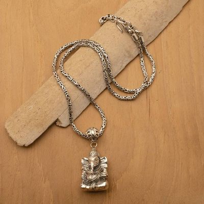 Alternate image for Hindu God Ganesha-Themed Mens Silver Pendant Necklace Meditation Ganesha