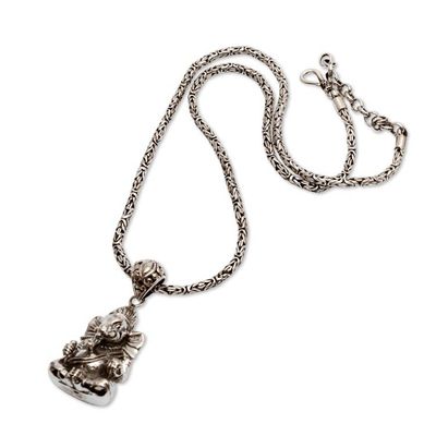 Alternate image for Hindu God Ganesha-Themed Mens Silver Pendant Necklace Meditation Ganesha