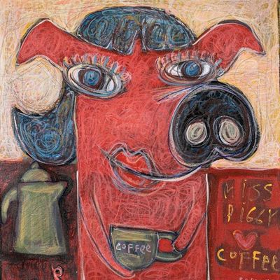 Primary image for Acrylic Ink Pencil Painting of Female Pig Having Coffee Miss Piggy Coffee