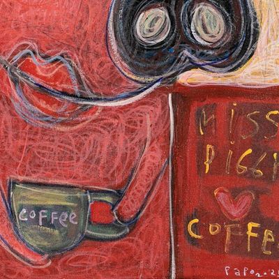 Alternate image for Acrylic Ink Pencil Painting of Female Pig Having Coffee Miss Piggy Coffee