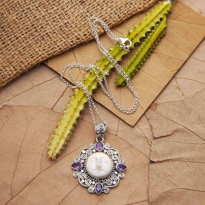 Alternate image for Sterling Silver Amethyst Necklace with Carved Moon Pendant Dreamy Moon