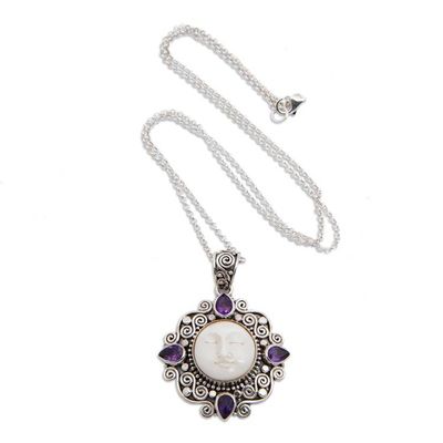Alternate image for Sterling Silver Amethyst Necklace with Carved Moon Pendant Dreamy Moon
