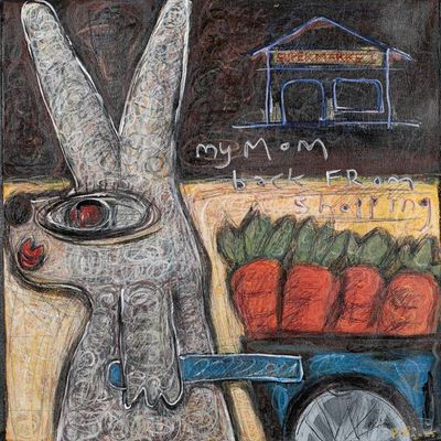 Primary image for Acrylic Ink Pencil Painting of Female Bunny with Carrot Cart My Mom Back from Shopping