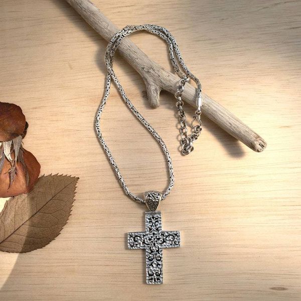 Alternate image for Mens Silver Cross Pendant Necklace with Swirling Motifs Swirling Cross