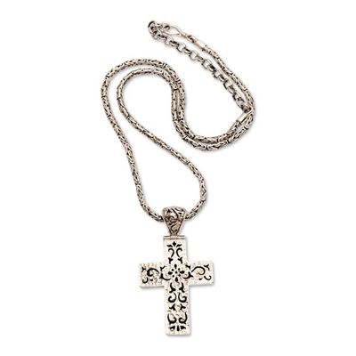 Alternate image for Mens Silver Cross Pendant Necklace with Swirling Motifs Swirling Cross