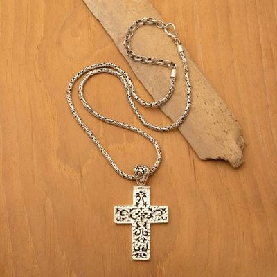 Alternate image for Mens Silver Cross Pendant Necklace with Swirling Motifs Swirling Cross