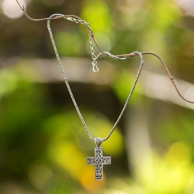 Alternate image for Mens Silver Cross Pendant Necklace with Swirling Motifs Swirling Cross