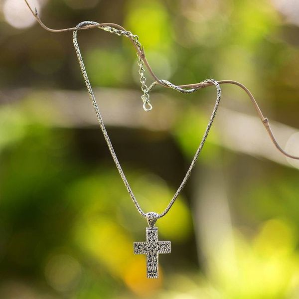 Alternate image for Mens Silver Cross Pendant Necklace with Swirling Motifs Swirling Cross