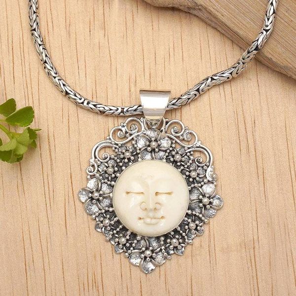 Alternate image for Handcrafted Silver and Bone Pendant Necklace Queen of Flowers
