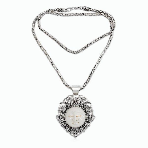 Alternate image for Handcrafted Silver and Bone Pendant Necklace Queen of Flowers