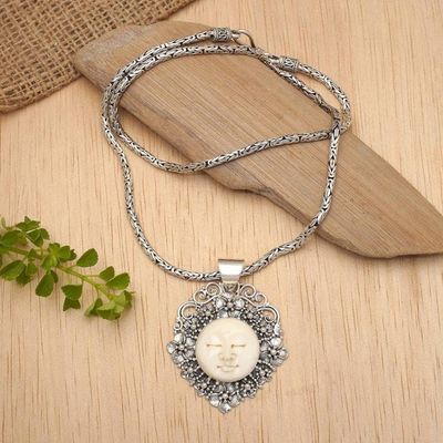 Alternate image for Handcrafted Silver and Bone Pendant Necklace Queen of Flowers