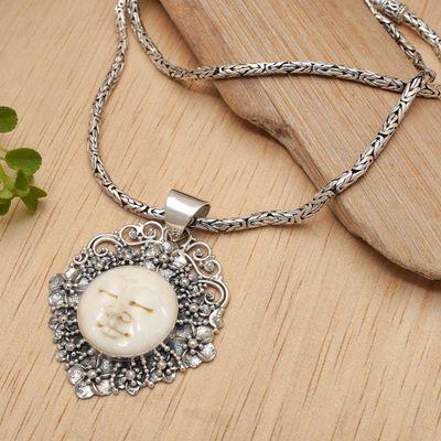 Alternate image for Handcrafted Silver and Bone Pendant Necklace Queen of Flowers