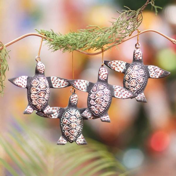 Alternate image for Handcrafted Jempinis Wood Sea Turtle Ornaments Set of 4 Serene Shells