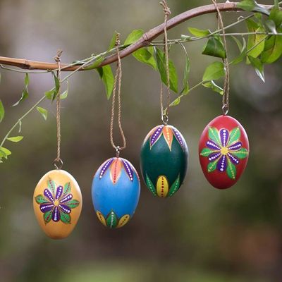 Primary image for Egg-Shaped Hand-Painted Wood Christmas Ornaments Set of 4 Festive Eggs