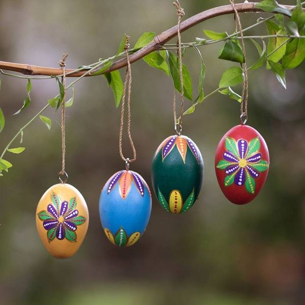 Alternate image for Egg-Shaped Hand-Painted Wood Christmas Ornaments Set of 4 Festive Eggs