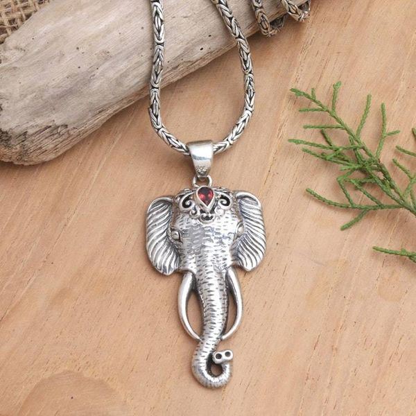 Alternate image for Mens Garnet Pendant Necklace with Elephant Motif Runs Wild in Red