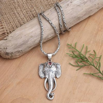 Alternate image for Mens Garnet Pendant Necklace with Elephant Motif Runs Wild in Red